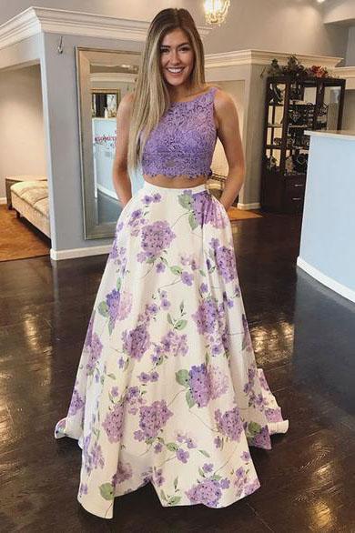 Two Pieces Floral Print Top Lace Purple Prom Dresses, Scoop Party Dres cathyprom Two Pieces Floral Print Top Lace Purple Prom Dresses, Scoop Party Dres cathyprom