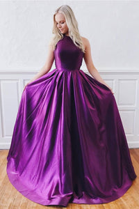 Unique Purple Satin Sleeveless Sweep Train Open Back Long Prom Dress Evening Dress OHC405 | Cathyprom