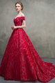 Unique Red Lace Off The Shoulder Lace Up Short Sleeves Long Senior Prom Dress Prom Gown OHC418 | Cathyprom