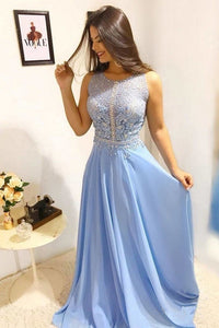 Unique Sky Blue Chiffon Beaded Sleeveless Long A Line Prom Dress Evening Dress OHC413 | Cathyprom