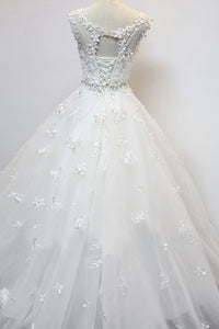 Unique White Tulle Long 3D Flower Wedding Dress Tulle Formal Prom Dresses OHC496 | Cathyprom
