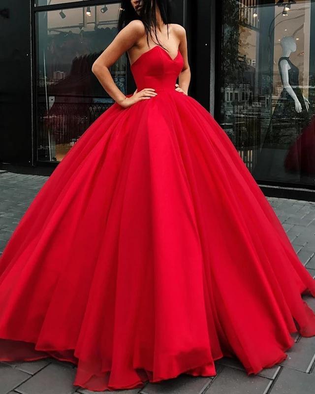 Red strapless ball gown prom dress on sale