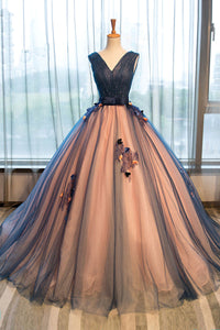 V Neck  Dark Blue Tulle Long Prom Ball Gown Dress NF4375