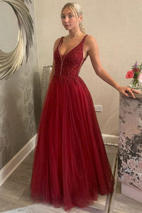 Shiny V Neck Backless Burgundy Lace Long Prom Dress, Evening Dress CMS211160