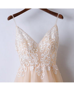 A-Line V Neck Spaghetti Straps Lace Tulle Long Prom Dress, Evening Dress YZ211036