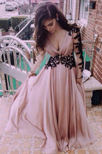 A-line V-Neck Long Sleeves Lace Prom Dresses With Appliques, Evening Dresses CMS211116