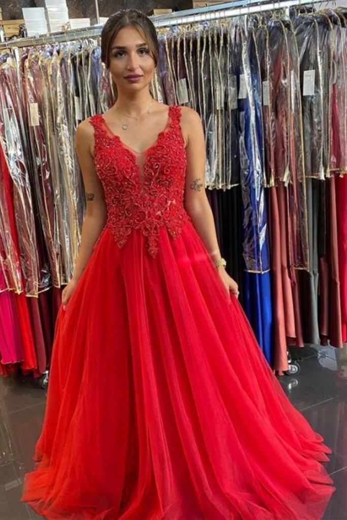 A-Line V-Neck Red Tulle Long Prom Dress With Lace, Evening Dress CMS21 –  cathyprom