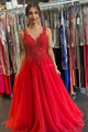 A-Line  V Neck Open Back Red Lace Long Prom Dress, Evening Dress CMS211169