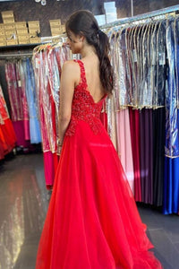 A-Line  V Neck Open Back Red Lace Long Prom Dress, Evening Dress CMS211169
