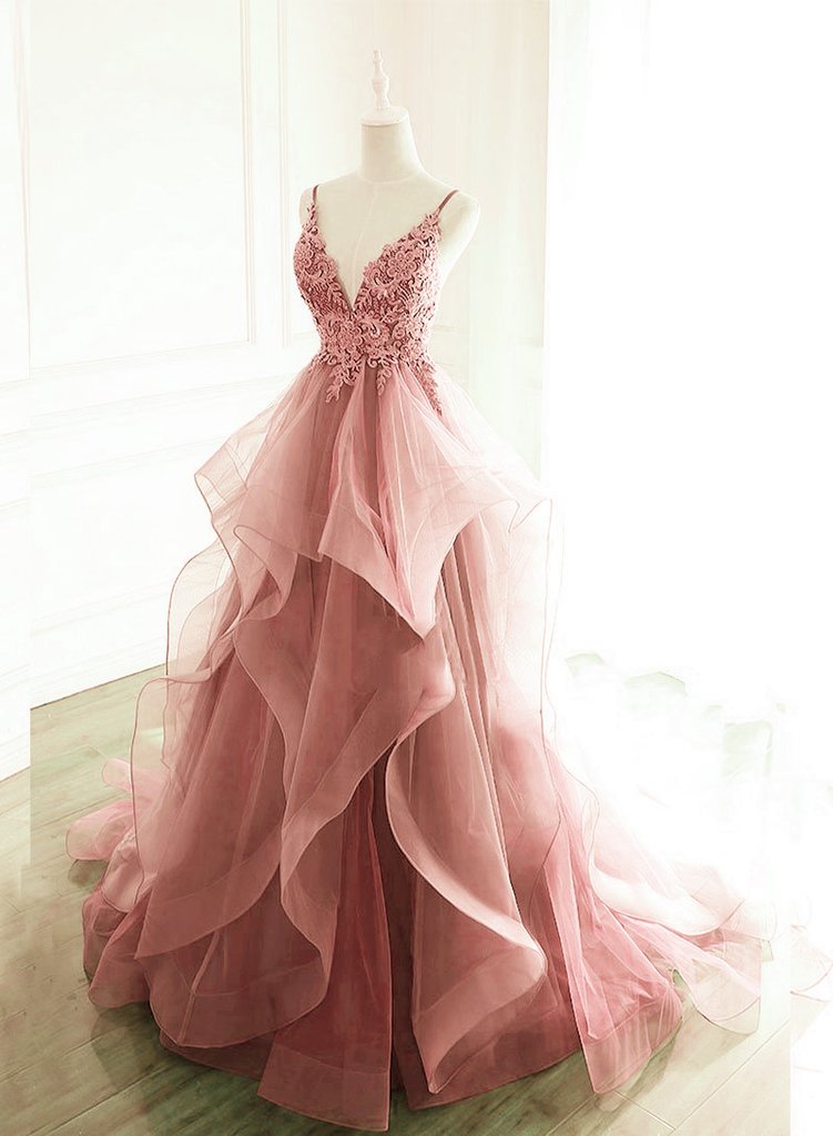 A Line V-Neck Tulle Spaghetti Strap Lace Prom Dress With Ruffle, Eveni cathyprom A Line V-Neck Tulle Spaghetti Strap Lace Prom Dress With Ruffle, Eveni cathyprom