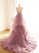 A Line V-Neck Tulle Spaghetti Strap Lace Prom Dress With Ruffle, Evening Dress YZ211050