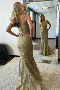 Two Pieces V Neck Mermaid Golden Lace Long Prom Dress, Evening Dress CMS211167