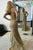 Two Pieces V Neck Mermaid Golden Lace Long Prom Dress, Evening Dress CMS211167