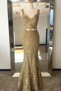 Two Pieces V Neck Mermaid Golden Lace Long Prom Dress, Evening Dress CMS211167