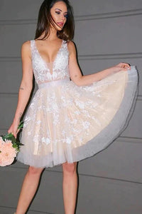 A Line Lace Appliques Tulle Short Homecoming Dresses SNH011