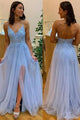 Beaded Light Blue Lace Tulle Long Prom Dress with High Slit Formal Evening Dress SNH003