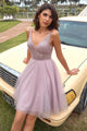 Grey Sequin Short Prom Formal Graduation Evening Dress SNH001