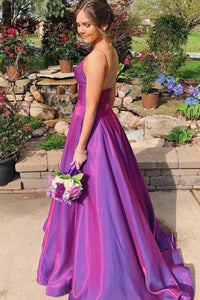 Unique A Line Grape Spaghetti Straps Sweep Train Sleeveless Long Satin Prom Dress Evening Dress OHC309 | Cathyprom