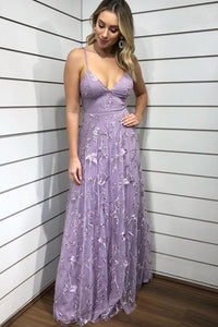 Chic A Line Spaghetti Straps Sleeveless Lace Applique Lilac Long Tulle Prom Dress Evening Dress OHC310 | Cathyprom