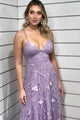 Chic A Line Spaghetti Straps Sleeveless Lace Applique Lilac Long Tulle Prom Dress Evening Dress OHC310 | Cathyprom