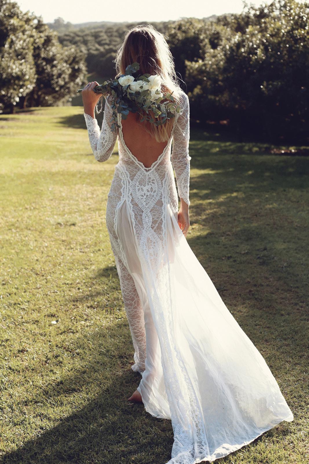 Exquisite Lace Long Sleeve Sexy Backless Rustic Wedding Dress Bridal Gown  YRL115