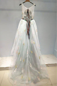 Elegant A Line Sweep Train Sleeveless Appliques Backless Long Tulle Prom Dress Formal Evening Dress OHC311 | Cathyprom