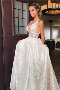 Sparkly A Line Deep V Neck Sweep Train Backless Sleeveless Sequins Wedding Dress OHD093 | Cathyprom