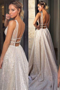 Sparkly A Line Deep V Neck Sweep Train Backless Sleeveless Sequins Wedding Dress OHD093 | Cathyprom