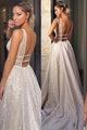 Sparkly A Line Deep V Neck Sweep Train Backless Sleeveless Sequins Wedding Dress OHD093 | Cathyprom