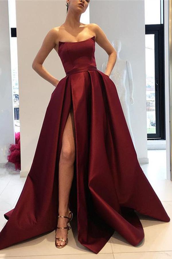 Burgundy Strapless Bodice Corset Long Sleeveless Evening Gowns With Le –  cathyprom