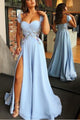 A-Line Cap Sleeve Sweetheart Split Appliques Long Prom Dress HT1325
