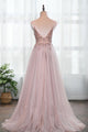 A-line Spaghetti Straps See Through Sleeveless Beading Long Tulle Prom Dress With Slit Evening Dress OHC296 | Cathyprom