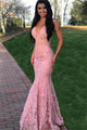 Sleeveless V-Neck Mermaid Lace Appliques Prom Dresses HW5415