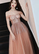 Brown A-line Tulle Off The Shoulder Sequins Long Prom Dress HL1305