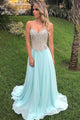 Sweetheart Light Sky Blue Sweep Train Prom Dress with Beading SH8428