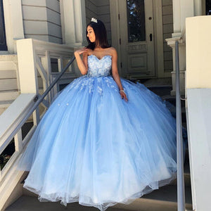 Sweetheart Blue Lace Applique Strapless Tulle Ball Gown IS1136
