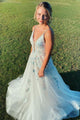 A-line Tulle Blue V-neck Spaghetti Straps Embroidery Long Prom Dress PX1423