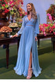 Elegant Blue V-neck Long Sleeves Chiffon Prom Dress FZ1156