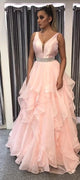 Pink V-neck Spaghetti Straps Ruffles Tulle Long Prom Dress EP1415