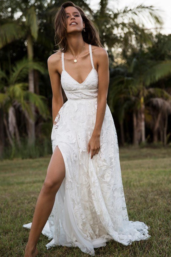 Beach Wedding Dresses Front Slit Lace Applique Off Shoulder A Line Bridal  Gowns