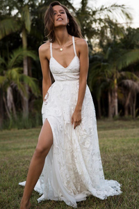 Stunning Spaghetti Straps Lace Boho Wedding Dress with Slit A Line Beach Wedding Dress Bridal Gown YRL112|Cathyprom