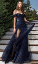 Blue Off Shoulder Sweetheart Neck Long Gown OB2796