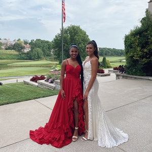 Red Satin Spaghetti Straps Pleats Prom Dress With Side Split GZ7496