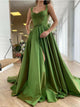 Spaghettis Straps Green Satin Slit Front Luxury Dress Prom Dress KC5851