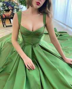 Spaghettis Straps Green Satin Slit Front Luxury Dress Prom Dress KC5851