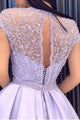 Chic Satin Short Sleeve Scoop Split Beads Purple Slit Open Back Long Prom Dresses CAW61