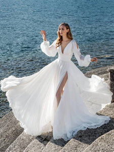 A-Line V-Neck Long Sleeves Split-Front Beach Wedding Dress WP4286