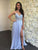 Spaghetti Straps Blue Chiffon Appliques Side Slit Wedding Dresses CU6387