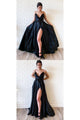 Sparkly Black Satin V Neck Spaghetti Strap Side Slit Long Satin Prom Dresses Evening Dress OHC323 | Cathyprom