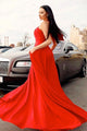 Simple Charming A Line Halter Sweep Train Sleeveless Open Back Long Red Chiffon Prom Dress OHC341 | Cathyprom